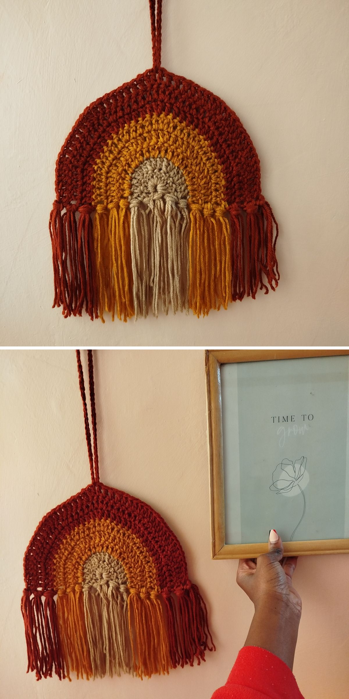 a half-circle crochet wall hanging with tassels
