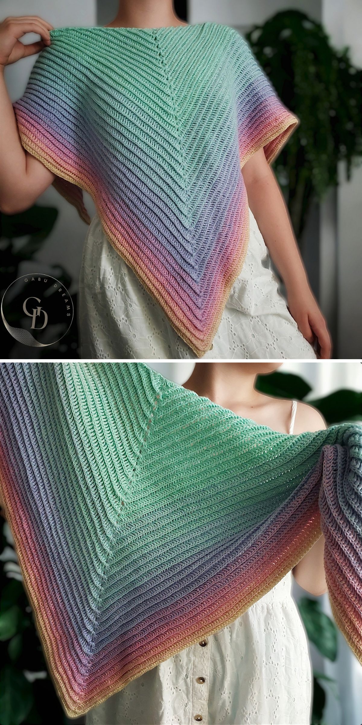 a crocheted triangle shawl in rainbow gradient yarn