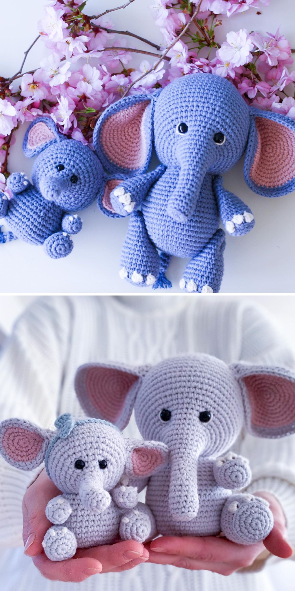 two crocheted elephants