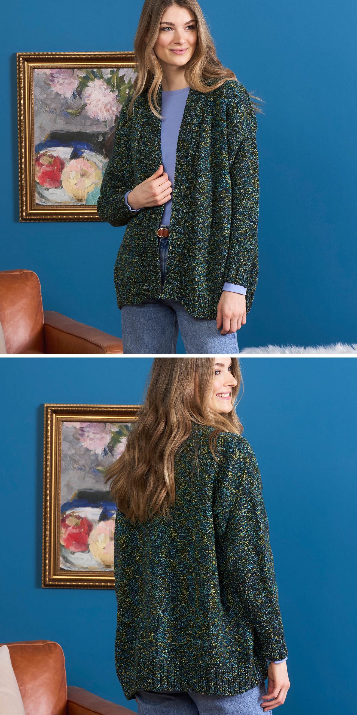 a woman wearing a cozy knitted cardigan in dark variegated green colors