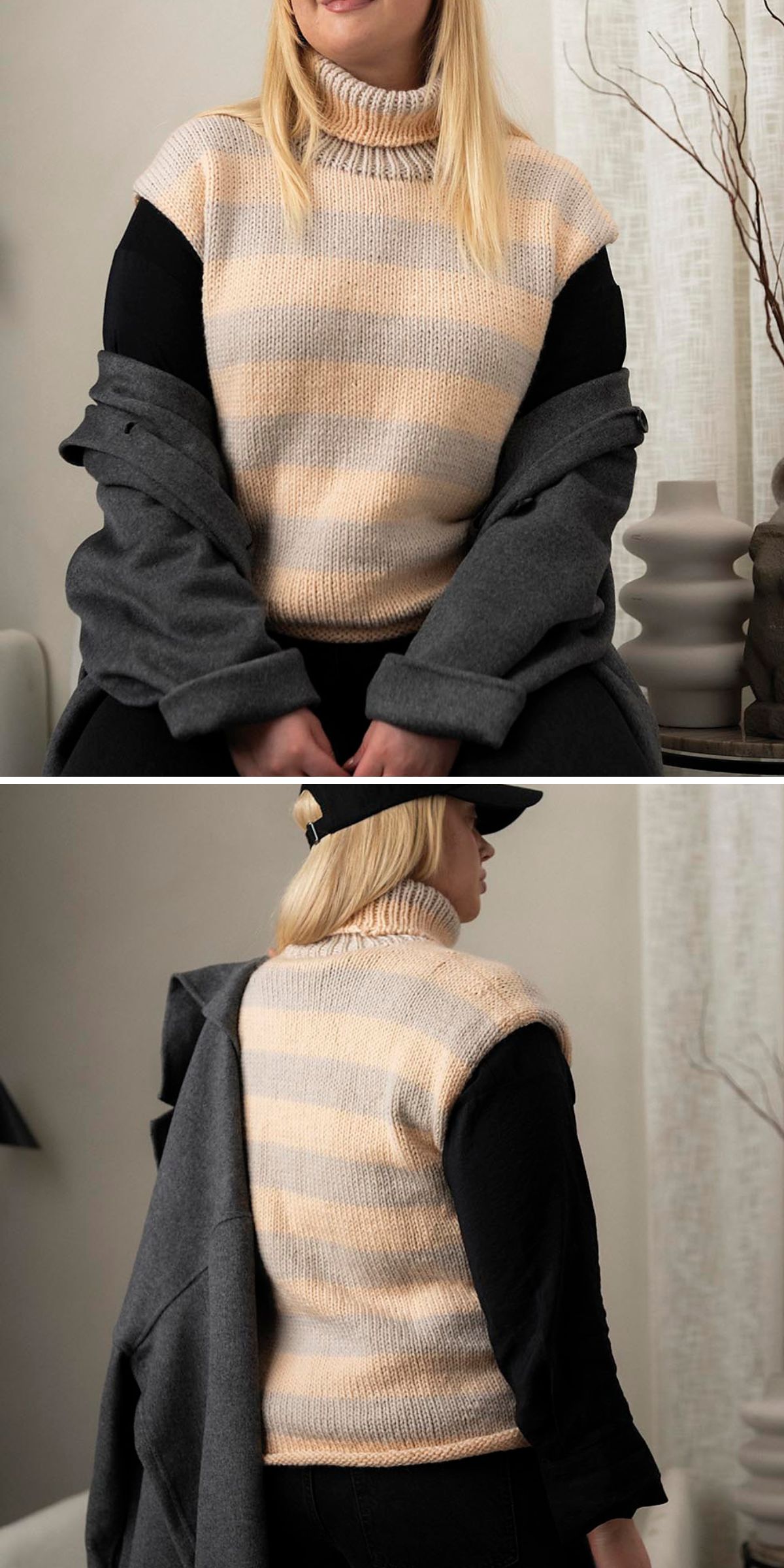 a knitted vest with a turtleneck and a wide-striped design