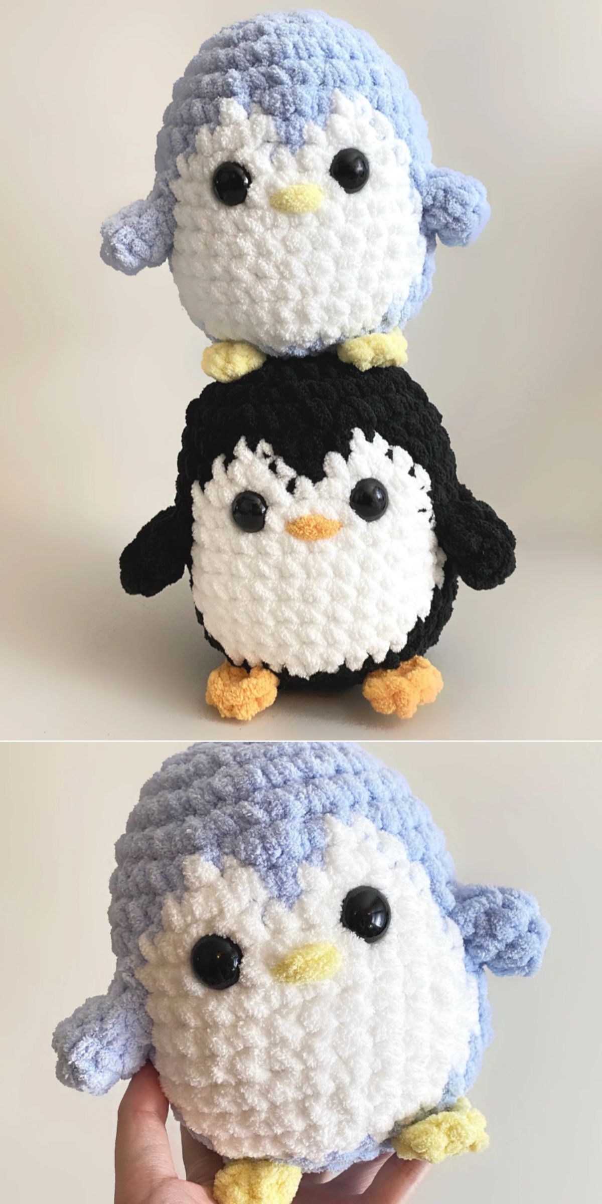 Two adorable Crochet Penguin toys — one blue and white, the other black and white — are shown stacked atop each other and separately displayed against a plain background.