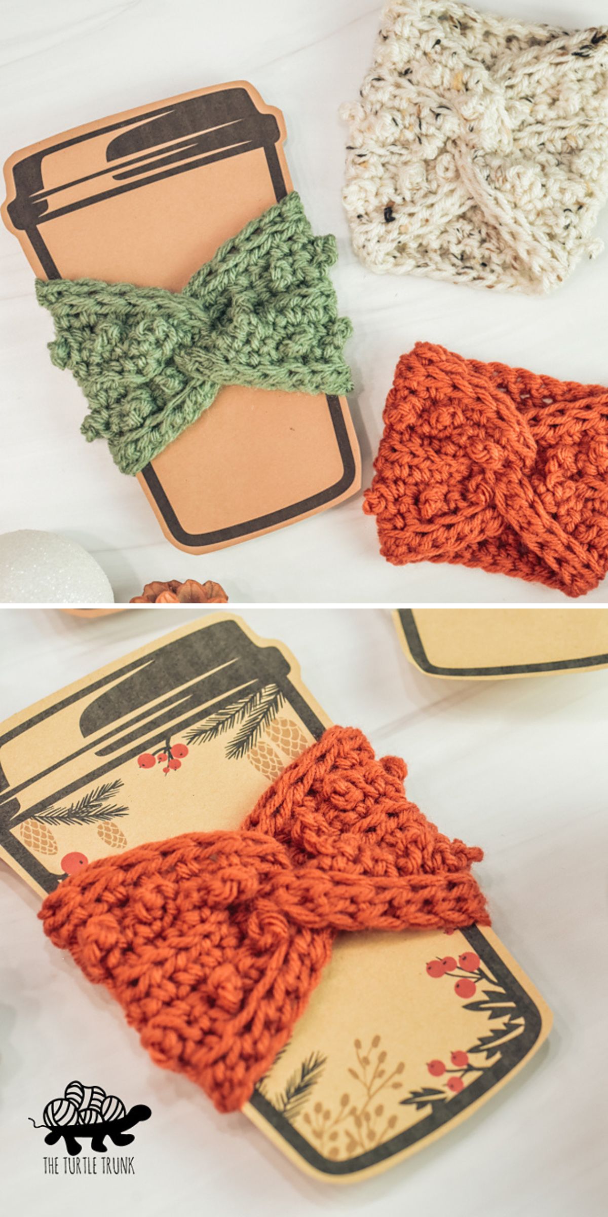 three textured crochet coffee cup cozies