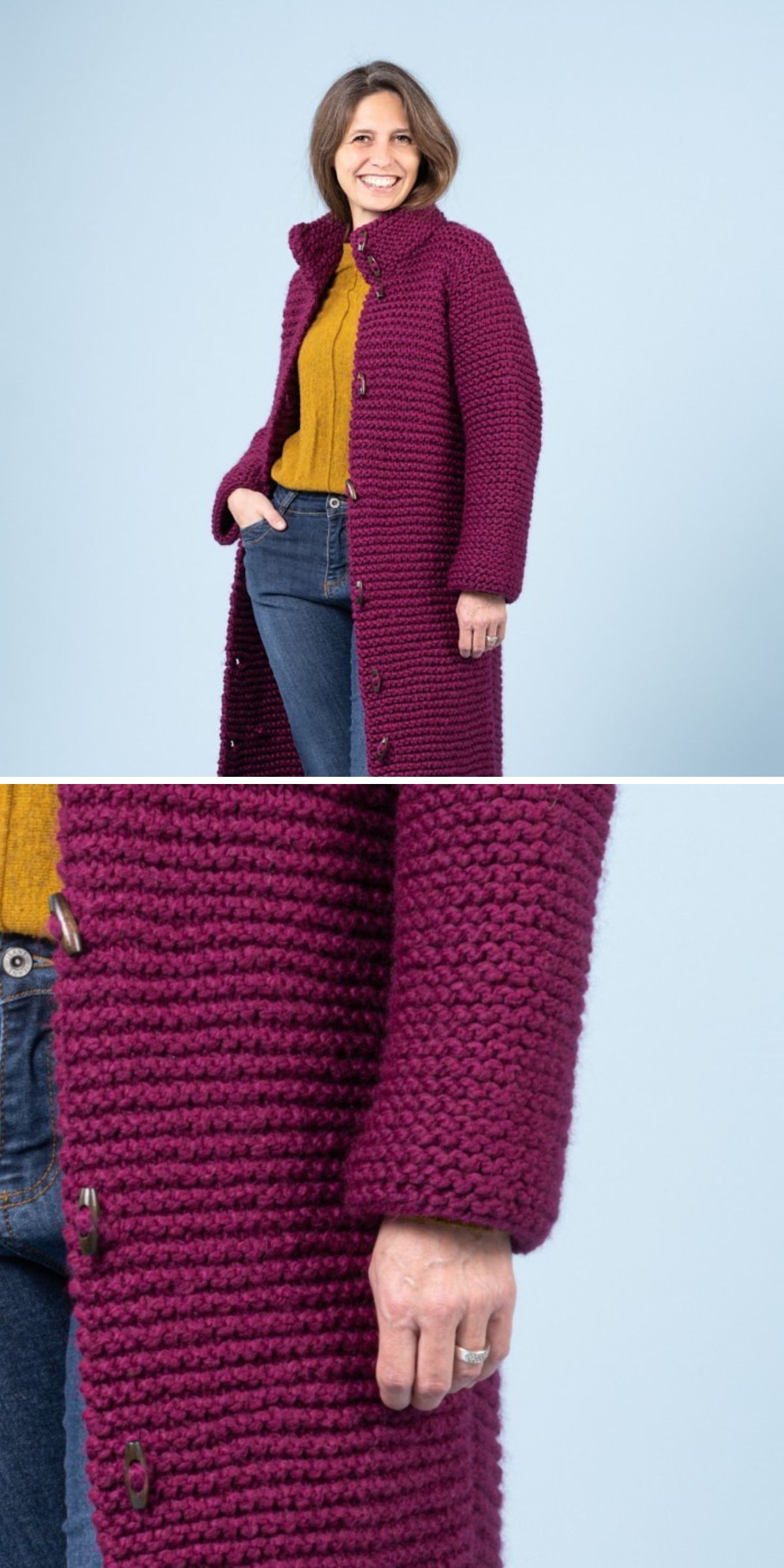 a woman wearing a long knitted cardigan in a purple color