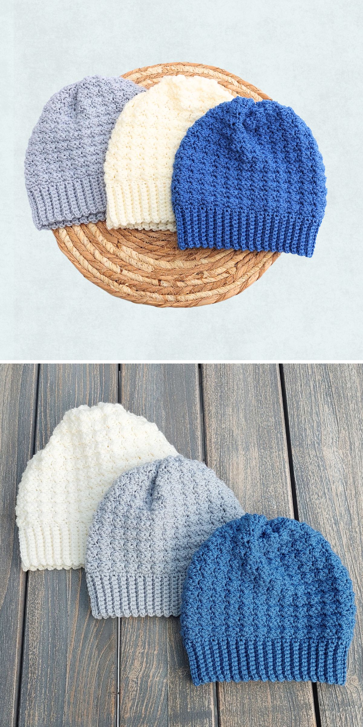 three crochet baby hats in different colors