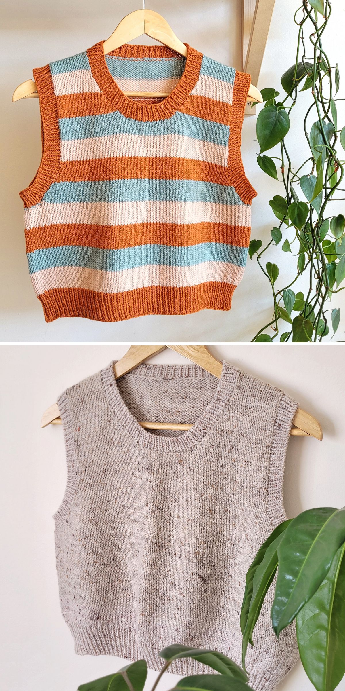 a striped knit vest on a hanger