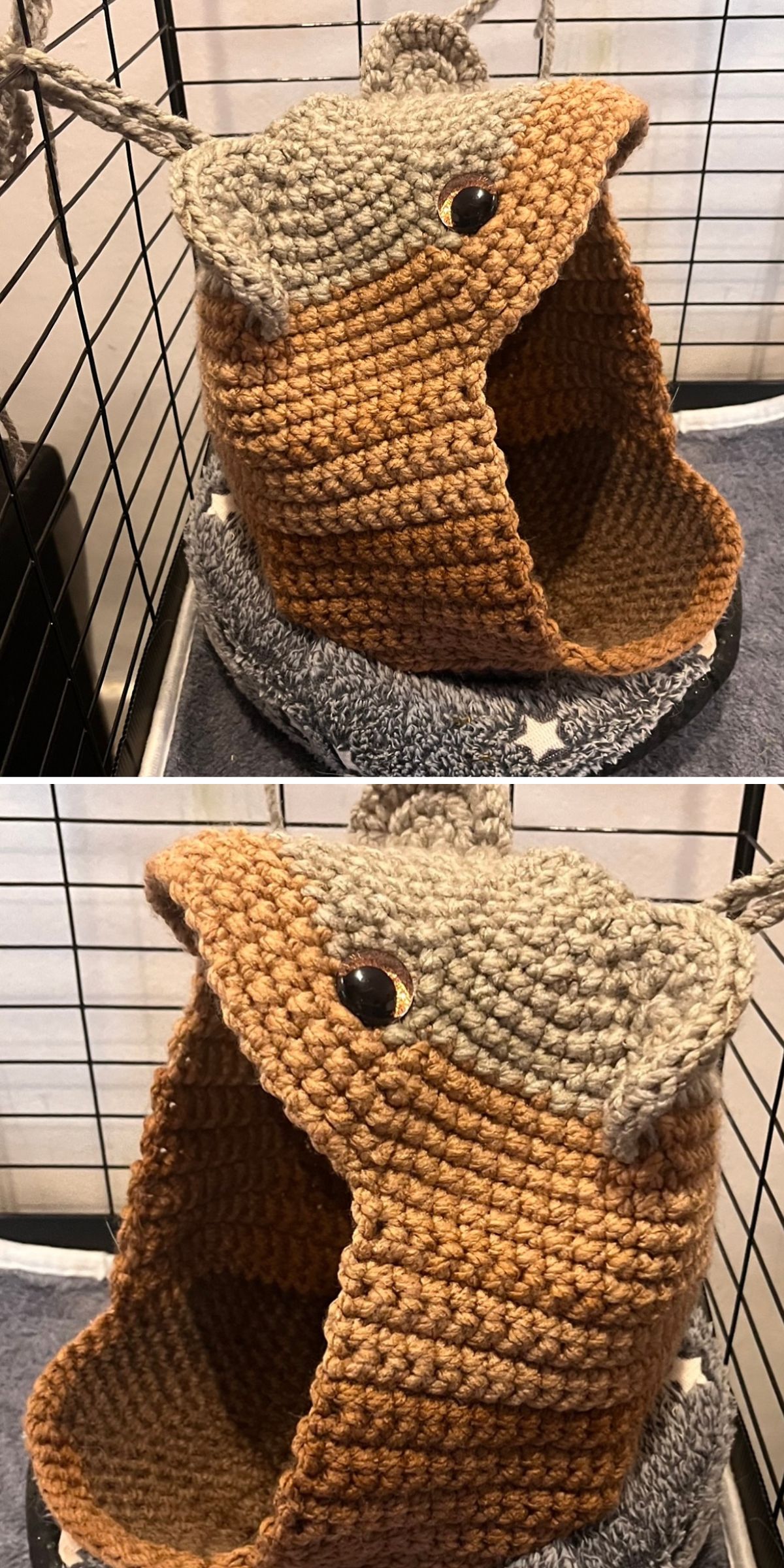 a unique crochet cat bed hanged in a pet cage