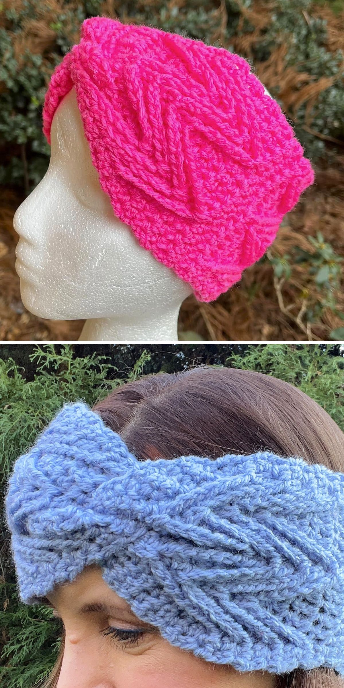 two crochet headbands with a rich texture in vibrant pink and soft blue colors