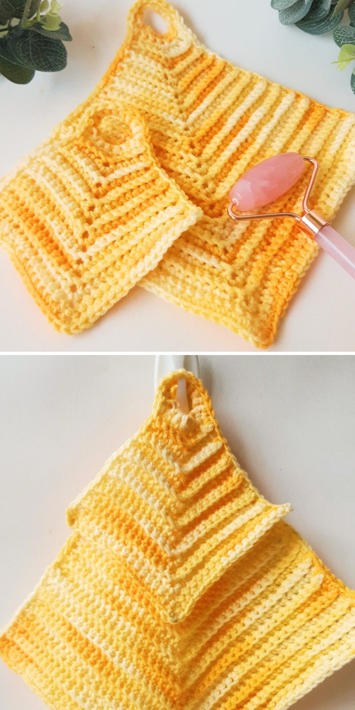 a crochet washcloth and face scrubbie featuring a ribbed design in an ombre yellow colorway 