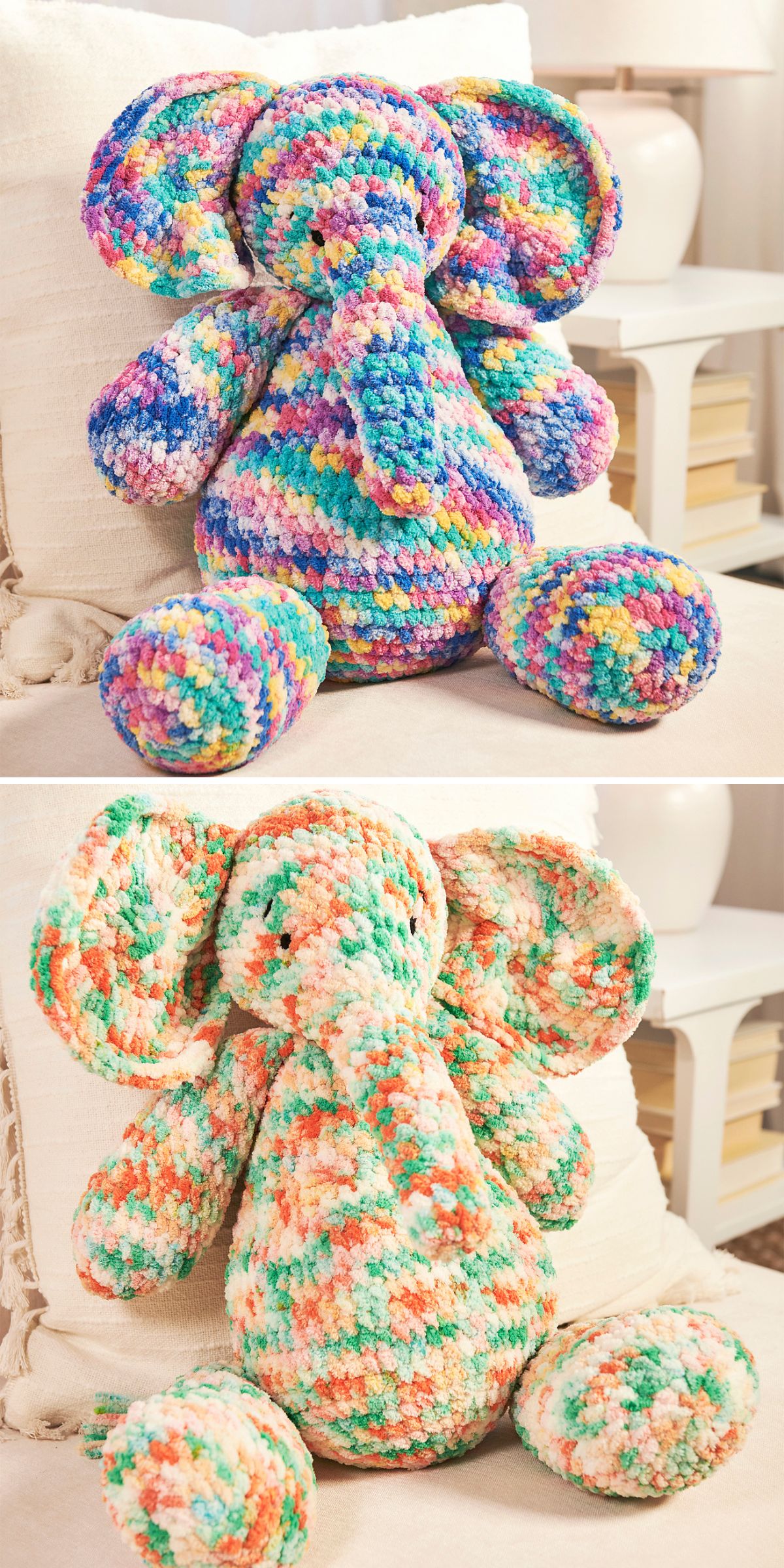 a large crochet elephant made with multicolored chunky yarn
