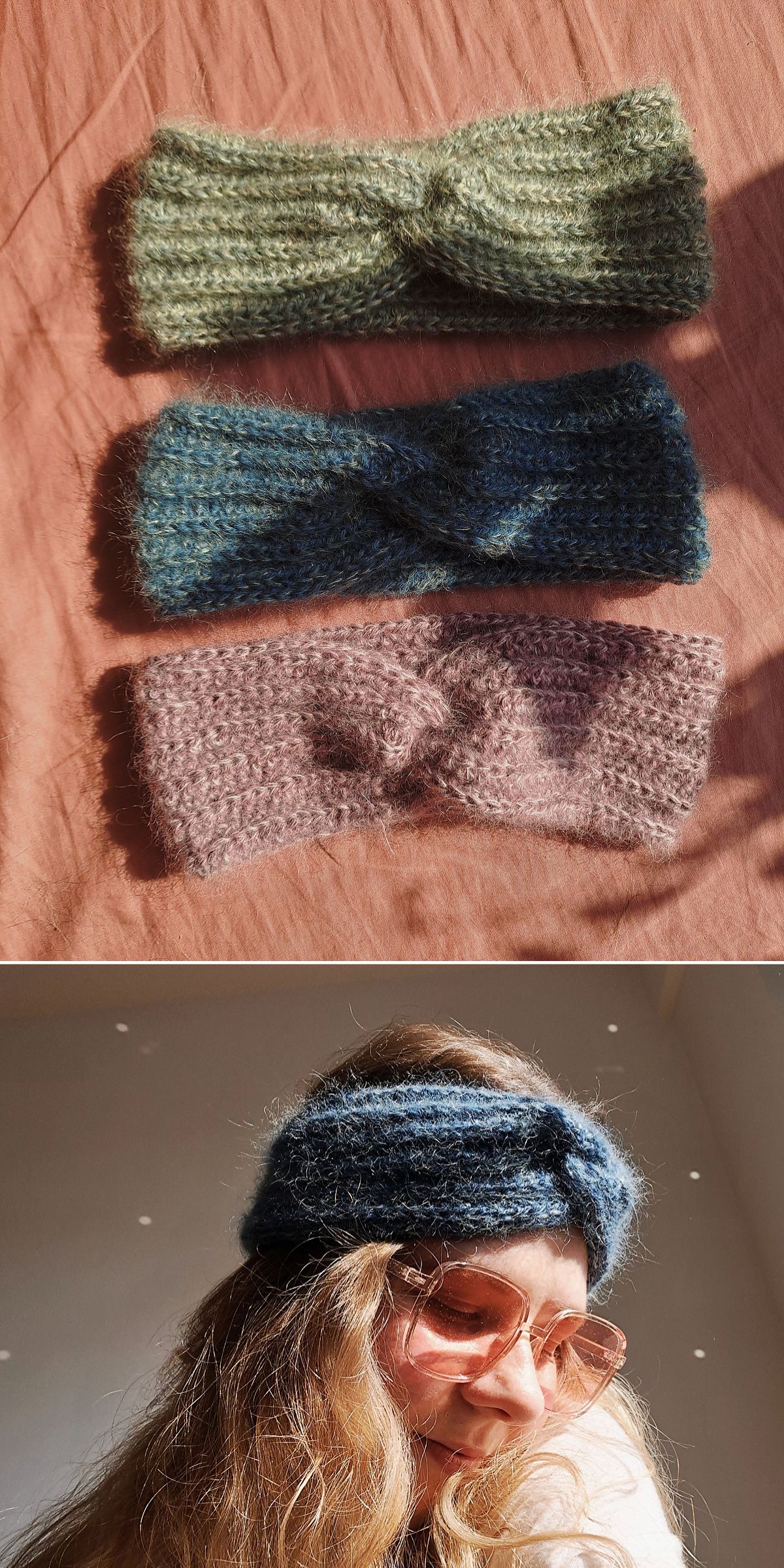a set of crochet headbands made in soft fluffy yarn