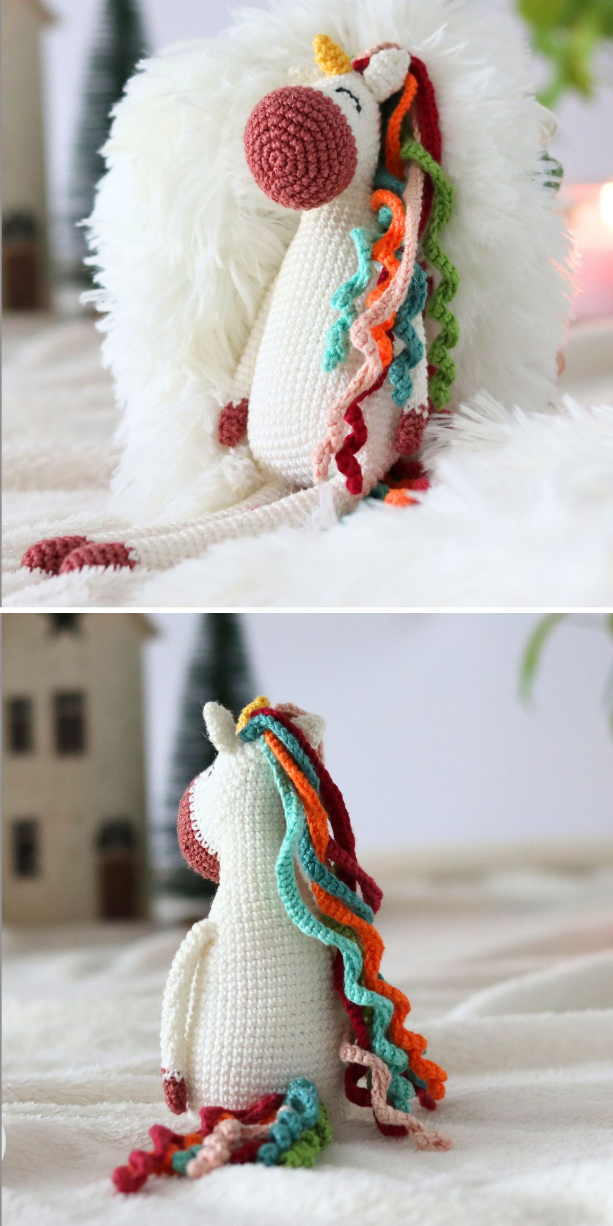 a crochet unicorn amigurumi with a long curly mane in several colors