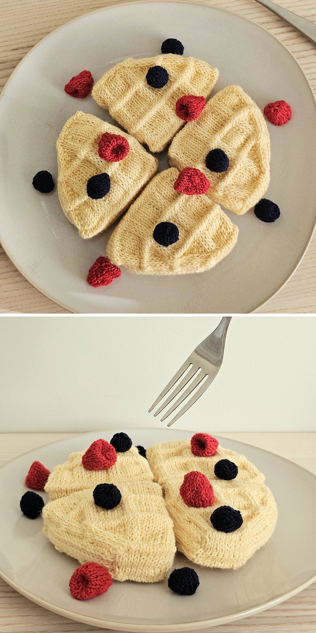 a knitted Belgian waffle on a plate