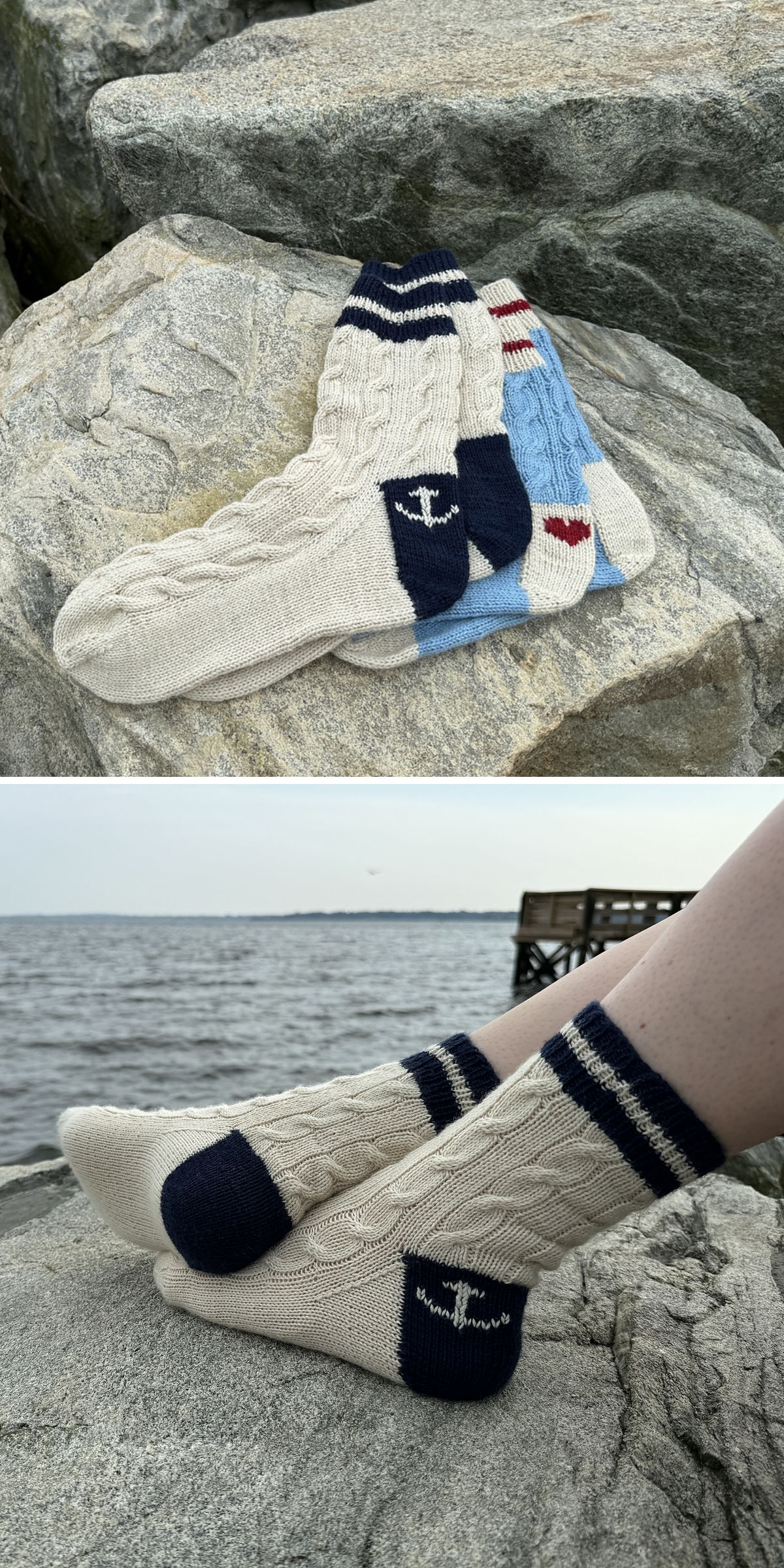 two pairs of knitted socks with an anchor and heart motifs on the heel