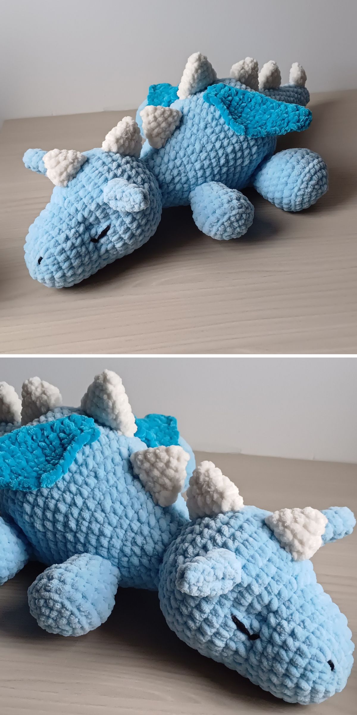 a big crochet dragon soft toy in a light blue color