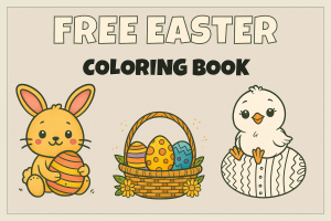 a featured image for free easter coloring book with examples of bunny, chick with easter eggs and easter basket coloring pages