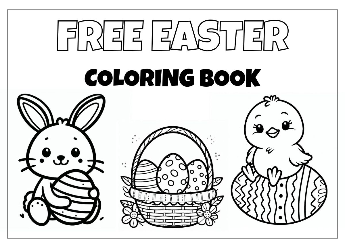 a featured image for free easter coloring book with examples of bunny, chick with easter eggs and easter basket coloring pages