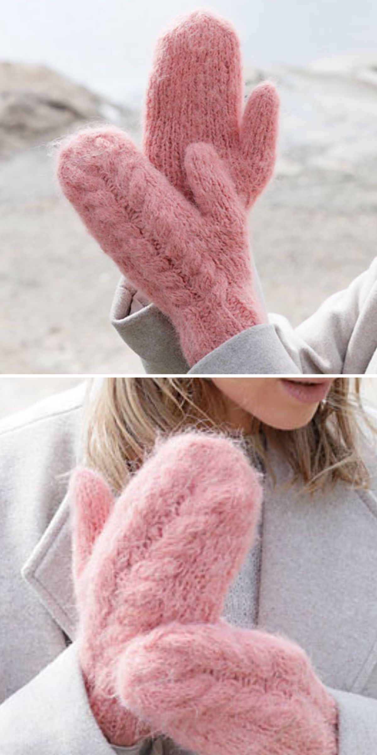 a pink knit mittens featuring a braided design made with fluffy mohair yarn