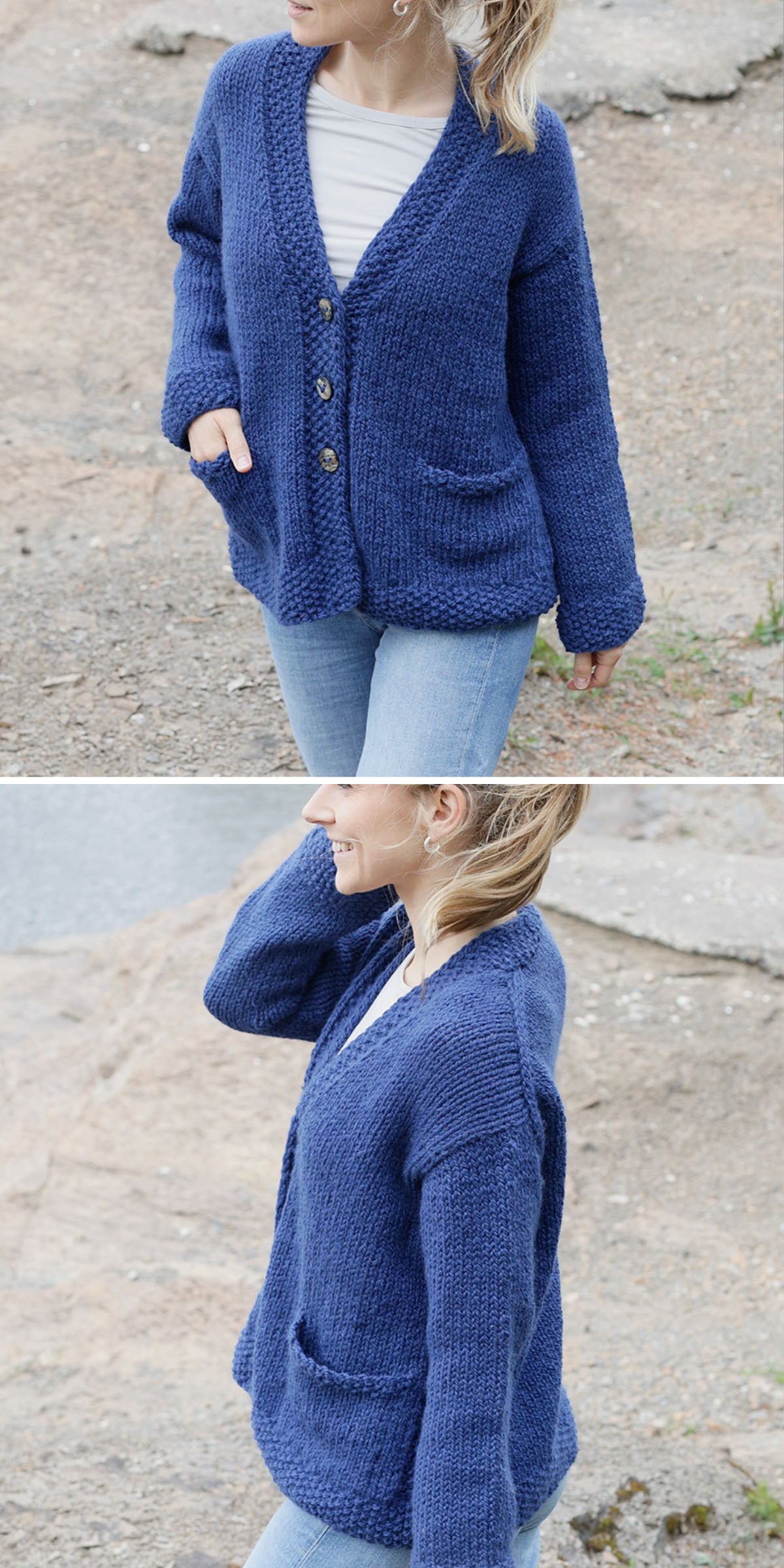 a woman wearing a deep blue knitted cardigans with a buttoned design
