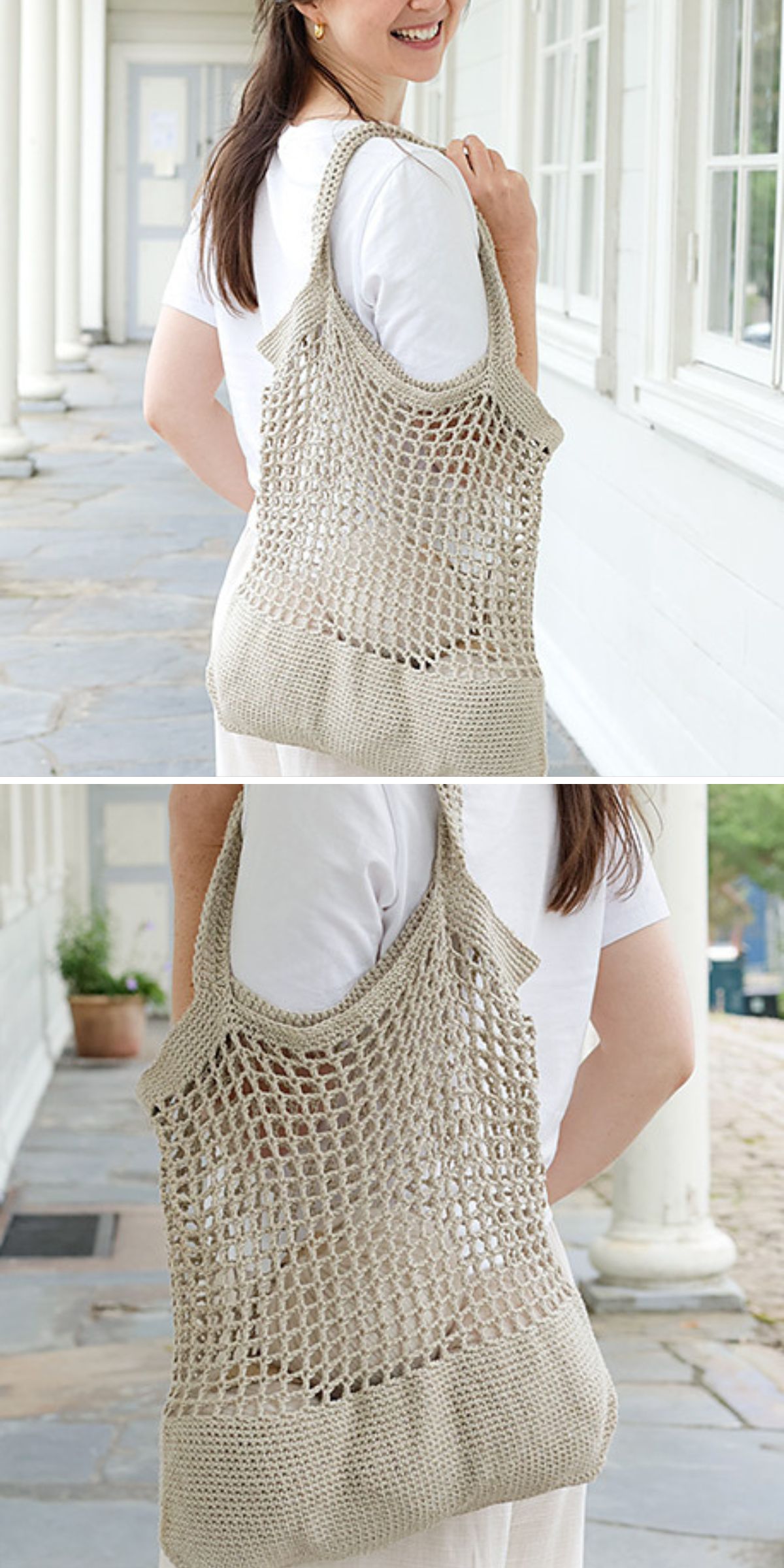 a large crochet market bag with a mesh texture in a neutral color