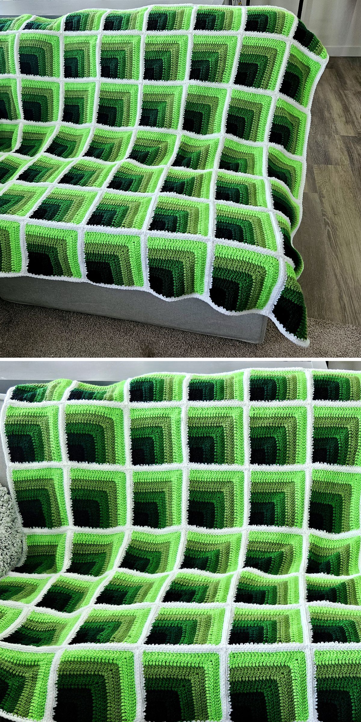 a crochet blanket made of mitered squares in shades of green that create an optical illusion