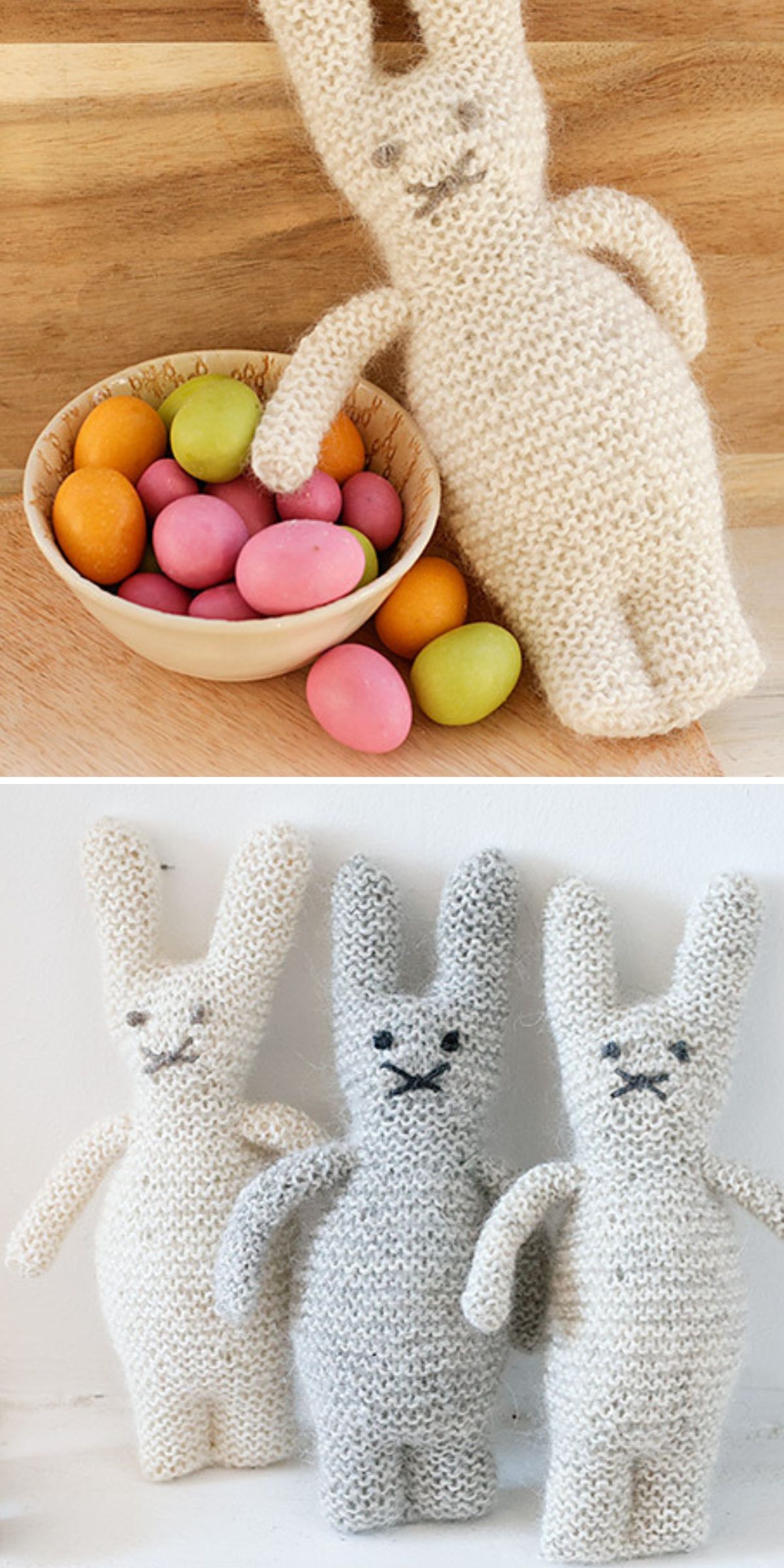three knitted rabbit amigurumi dolls