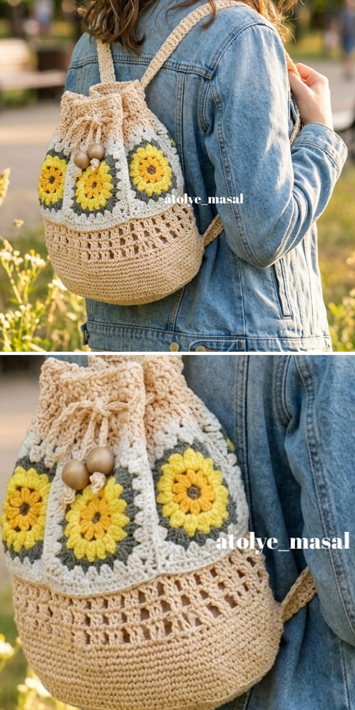a woman in a blue jacket demonstrating a beige crochet backpack with a line of yellow and white flower granny squares