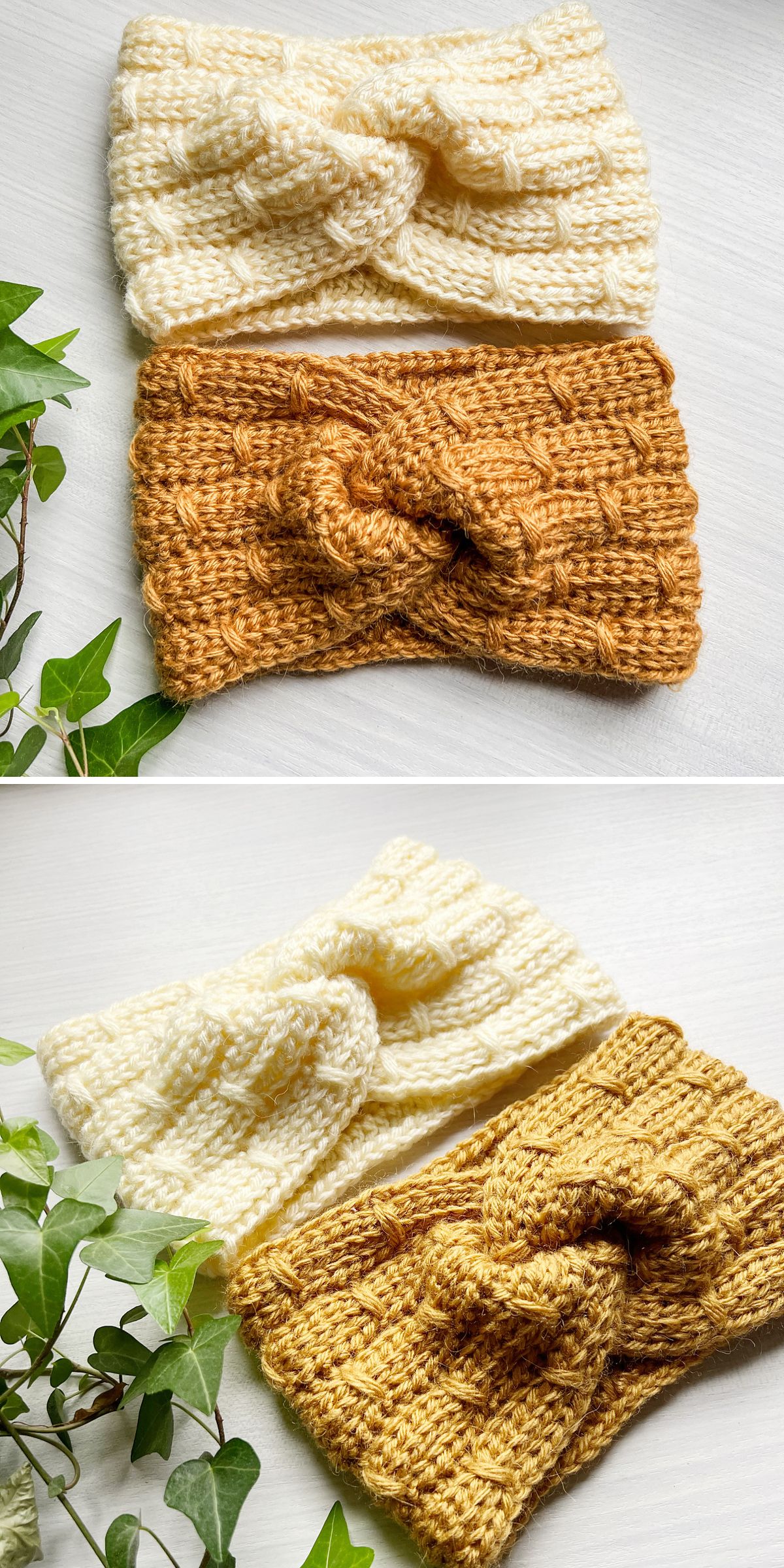 two crochet headbands with a unique texture in warm cream and caramel colors