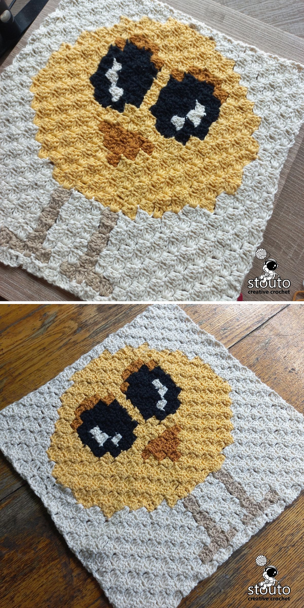 a crocheted square with a cute chicken design 
