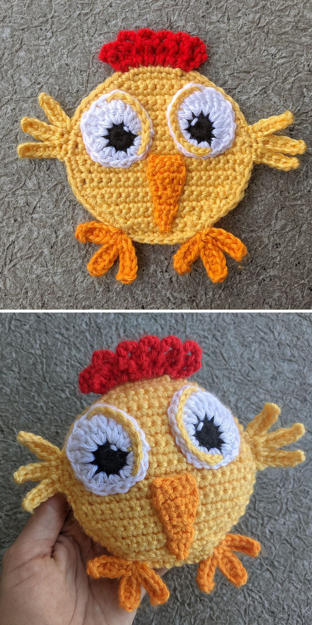 a flat large crochet chicken applique