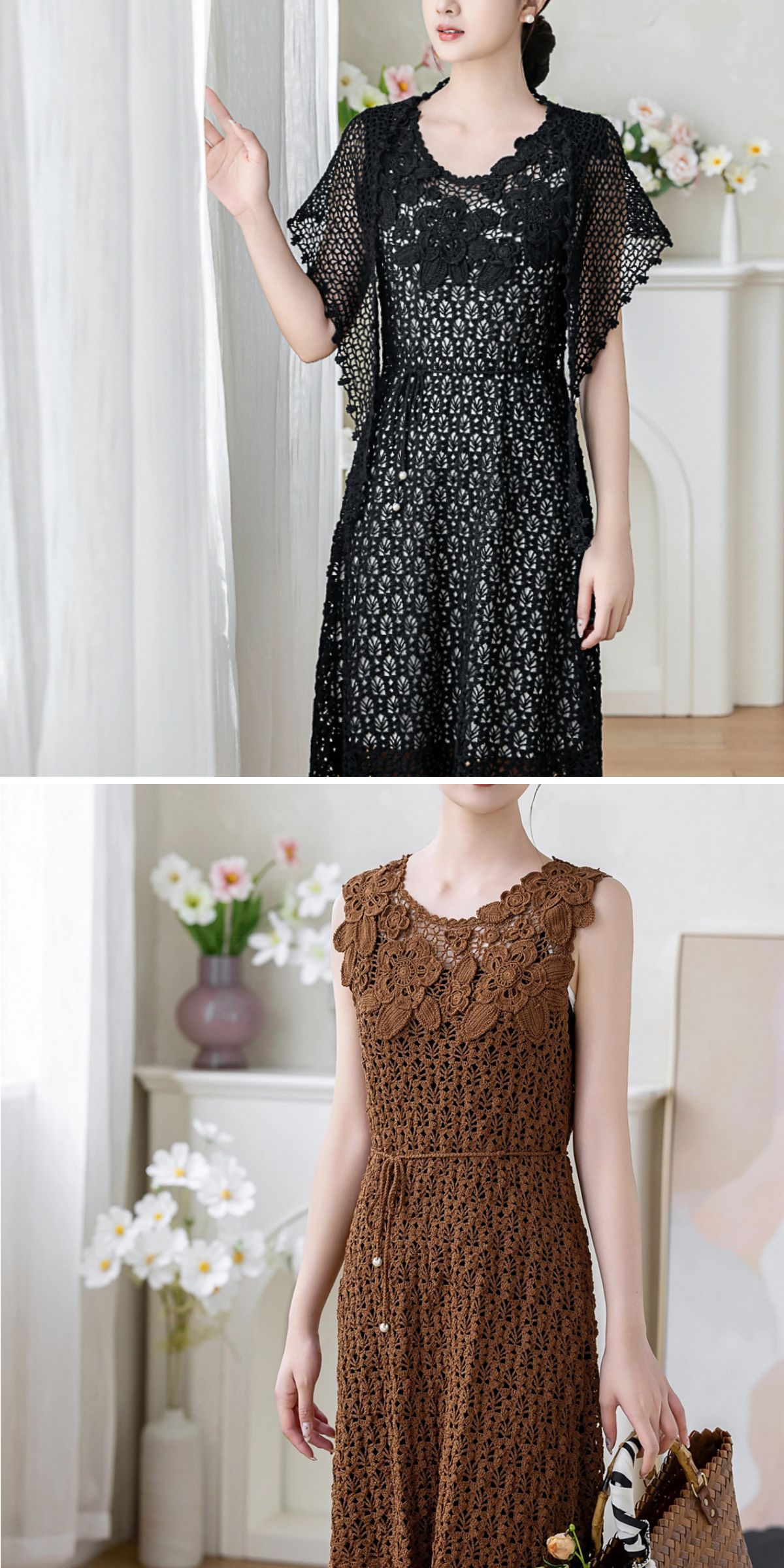 women wearing crocheted dresses with an intricate lace design and flower motifs