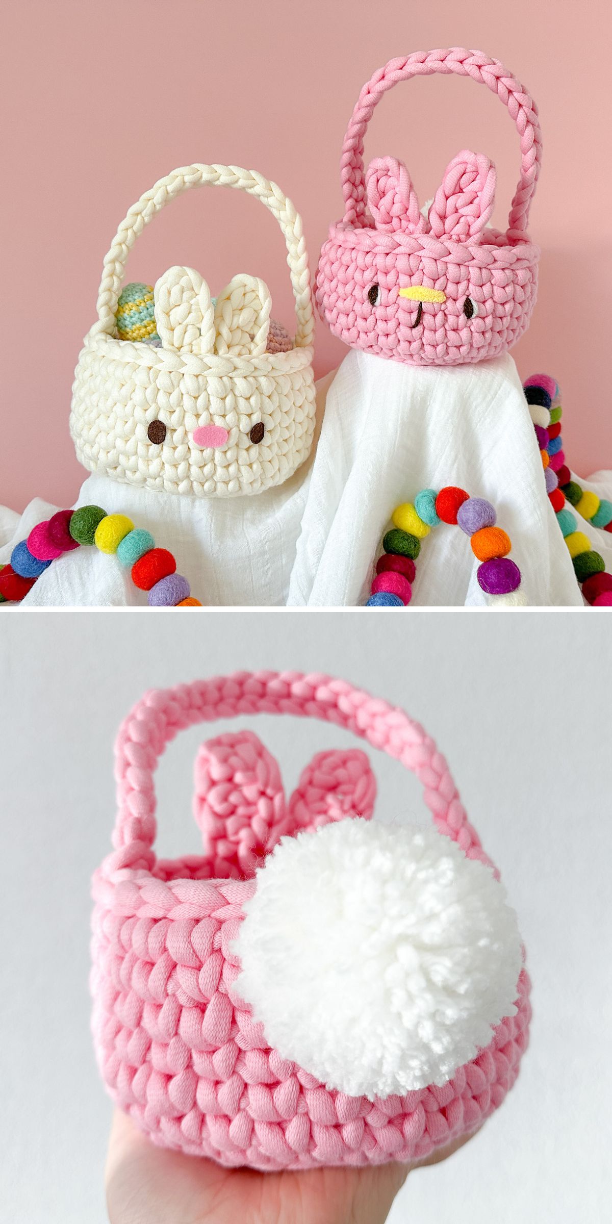 two crochet Easter basket with bunny ears