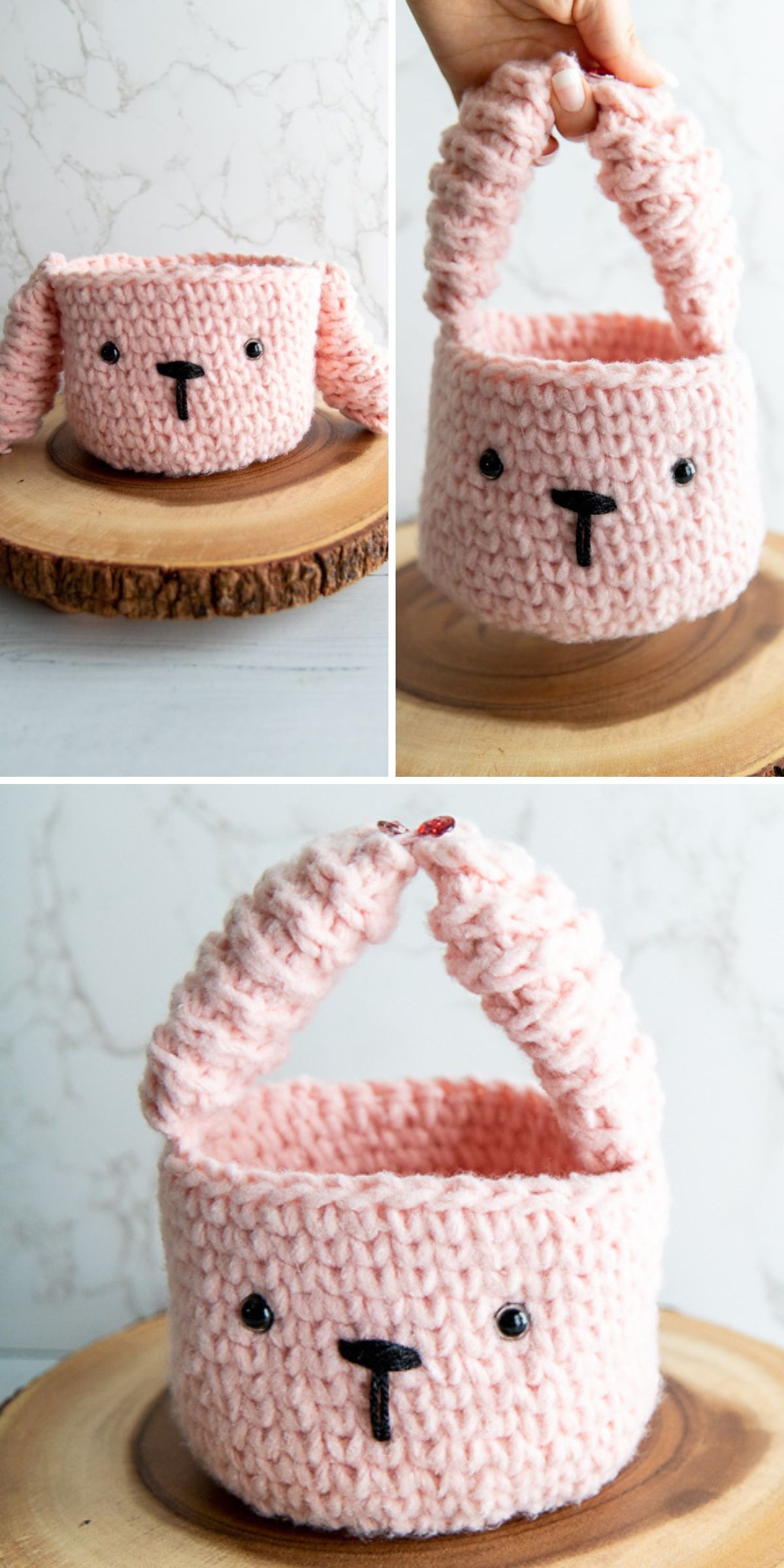 a pink crocheted Easter basket with bunny face and ears