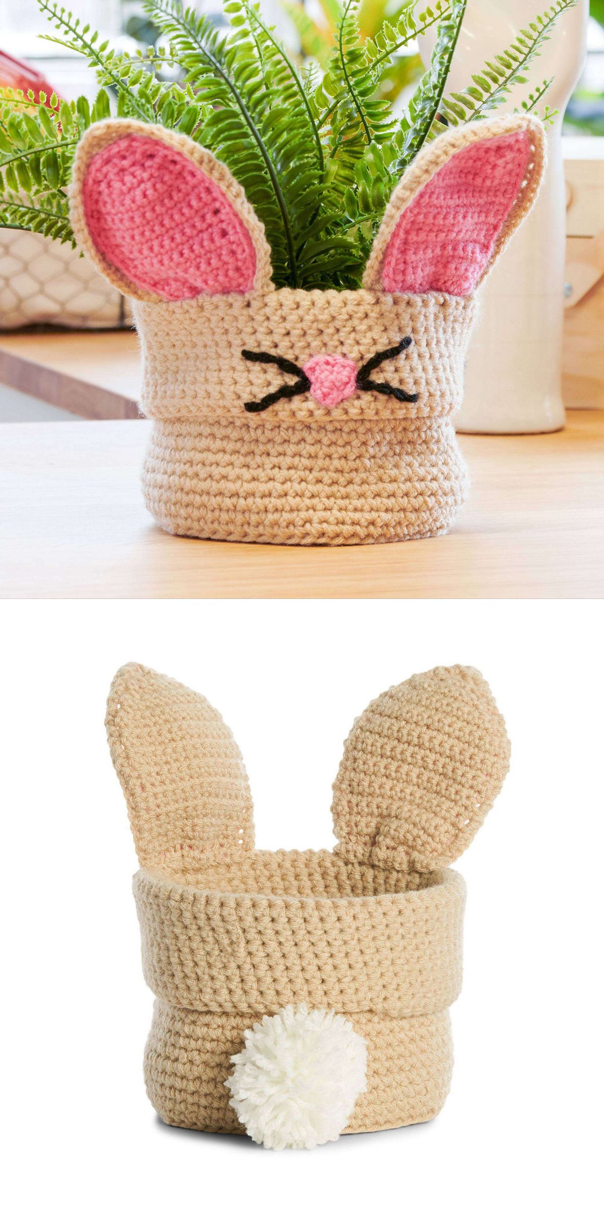 a crochet basket with bunny charming ears and embroidered whiskers
