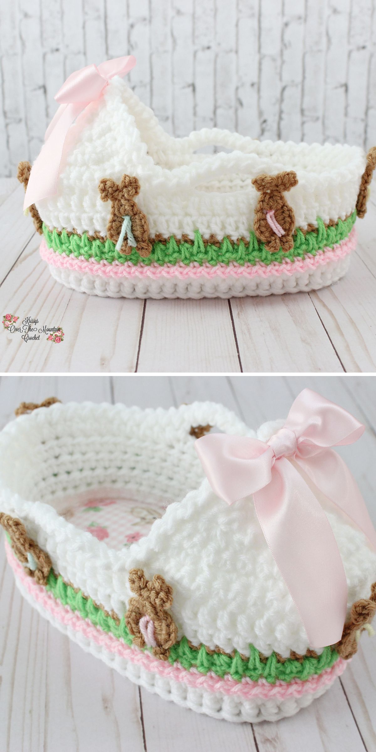 a handmade Easter basket shaped like a cradle with bow motifs on the sides