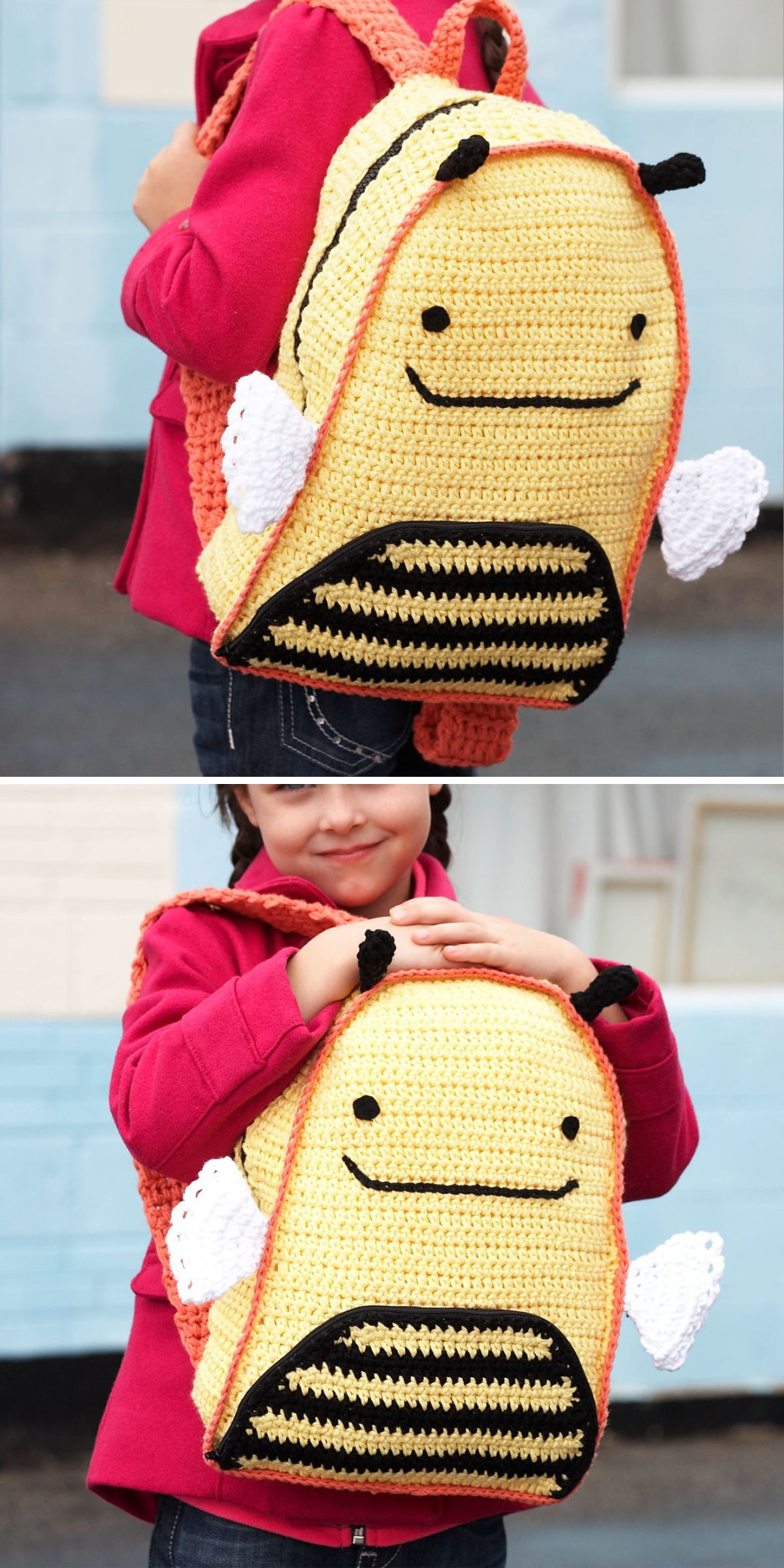 A child wearing and holding a crocheted backpack shaped like a smiling yellow bee with black stripes, wings, and antennae, made from a charming backpack crochet pattern.