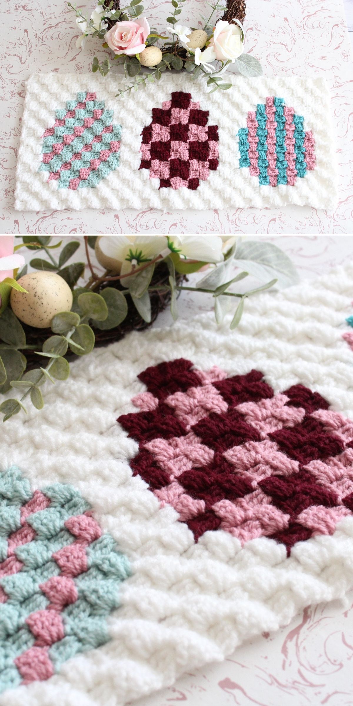 a crocheted block featuring Easter egg motifs crafted in the corner-to-corner technique