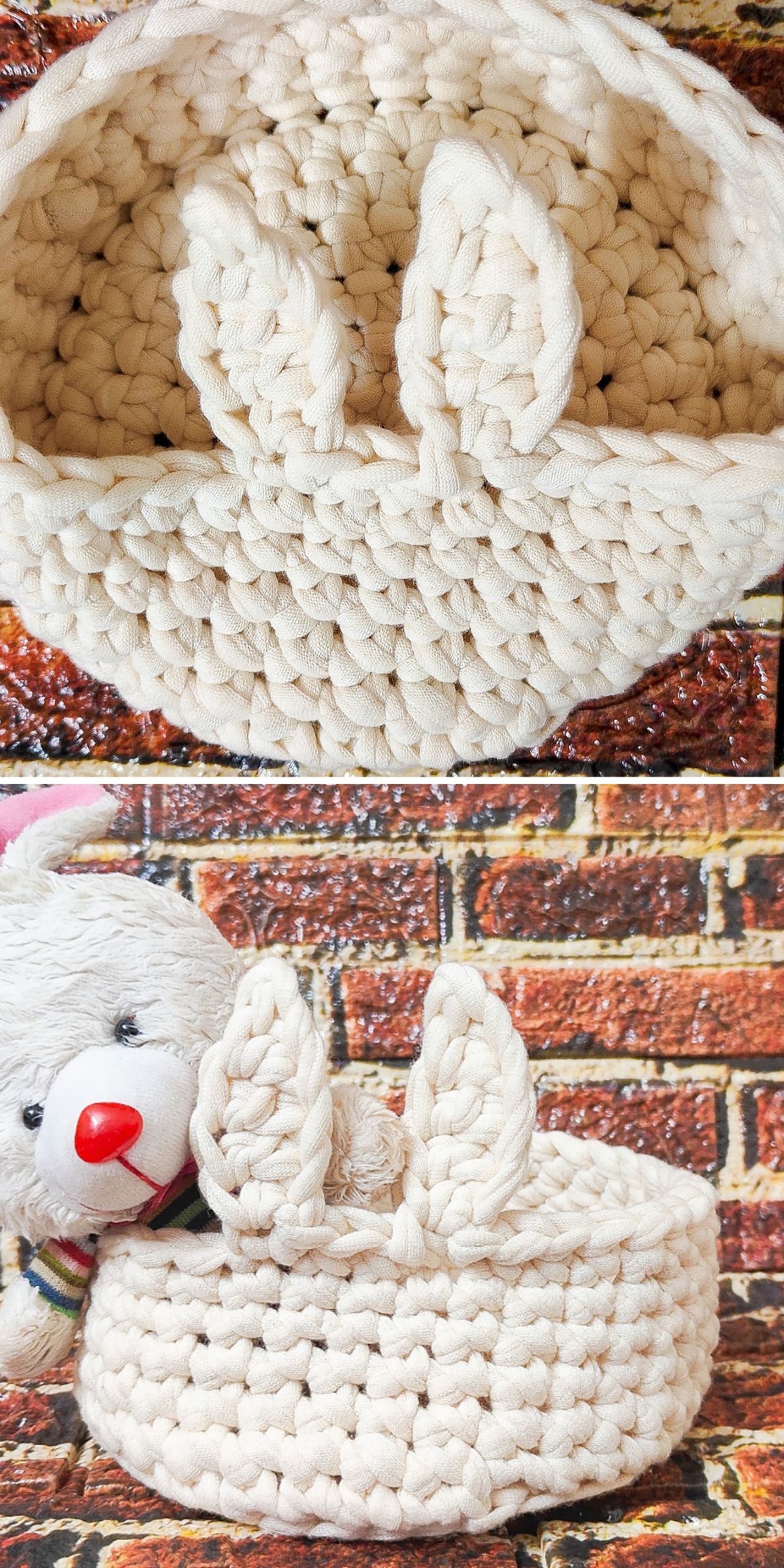 an adorable crochet Easter egg basket with bunny ears made of chunky yarn