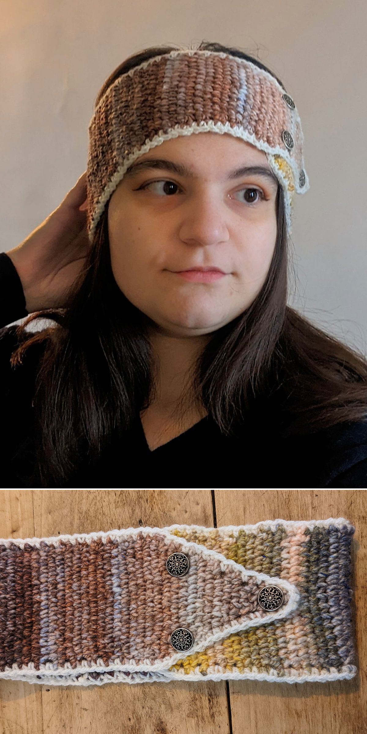 a crocheted headband made in multicolor yarn