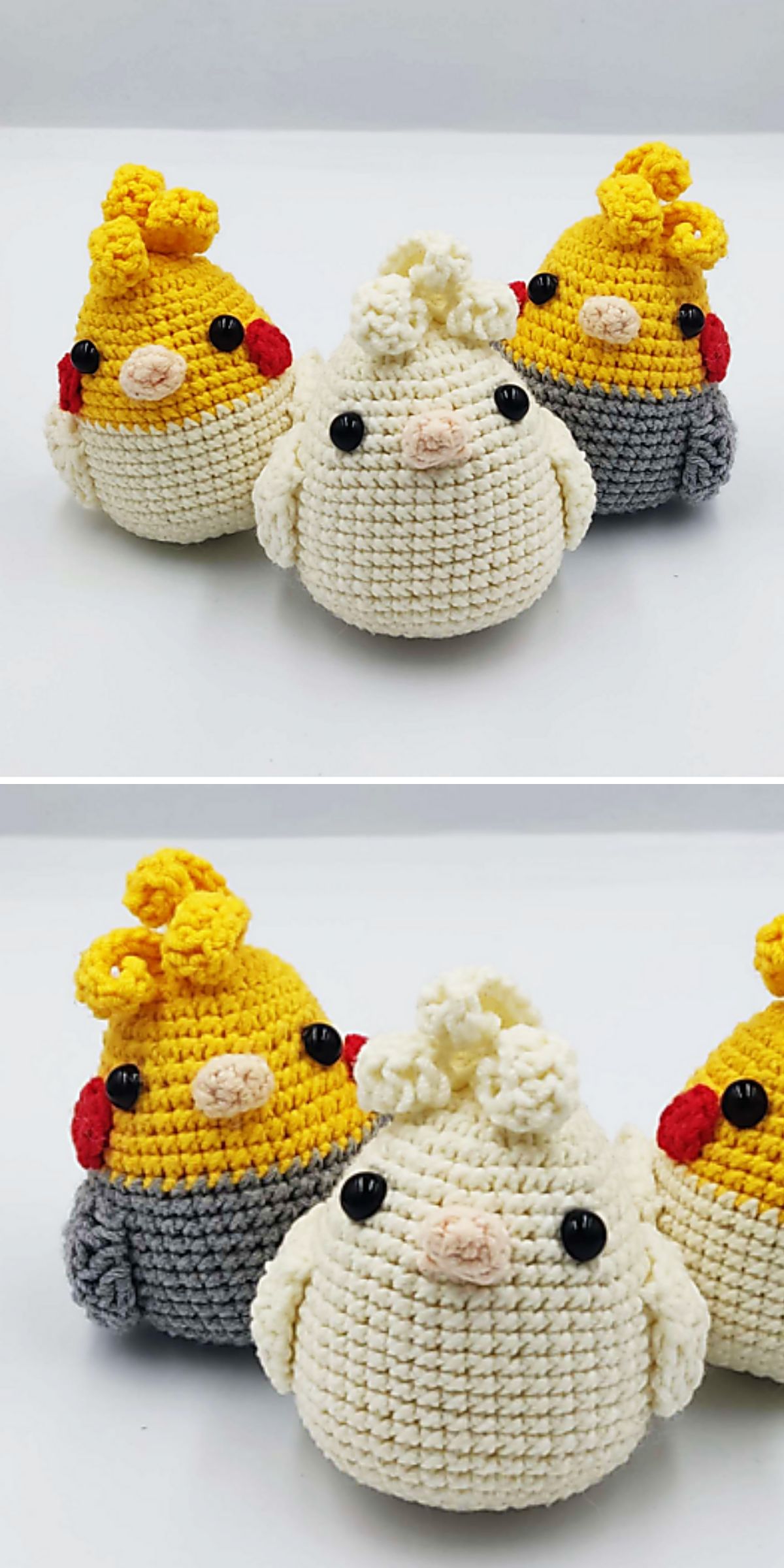 a set of colorful crochet hen amigurumi