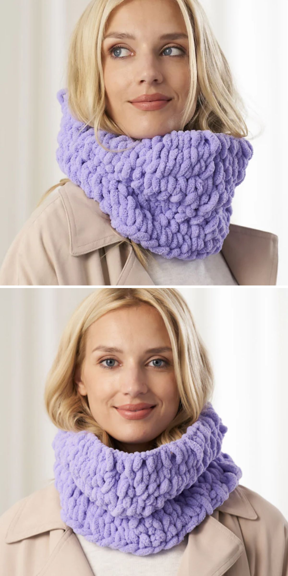 a chunky knit cowl in a violet color