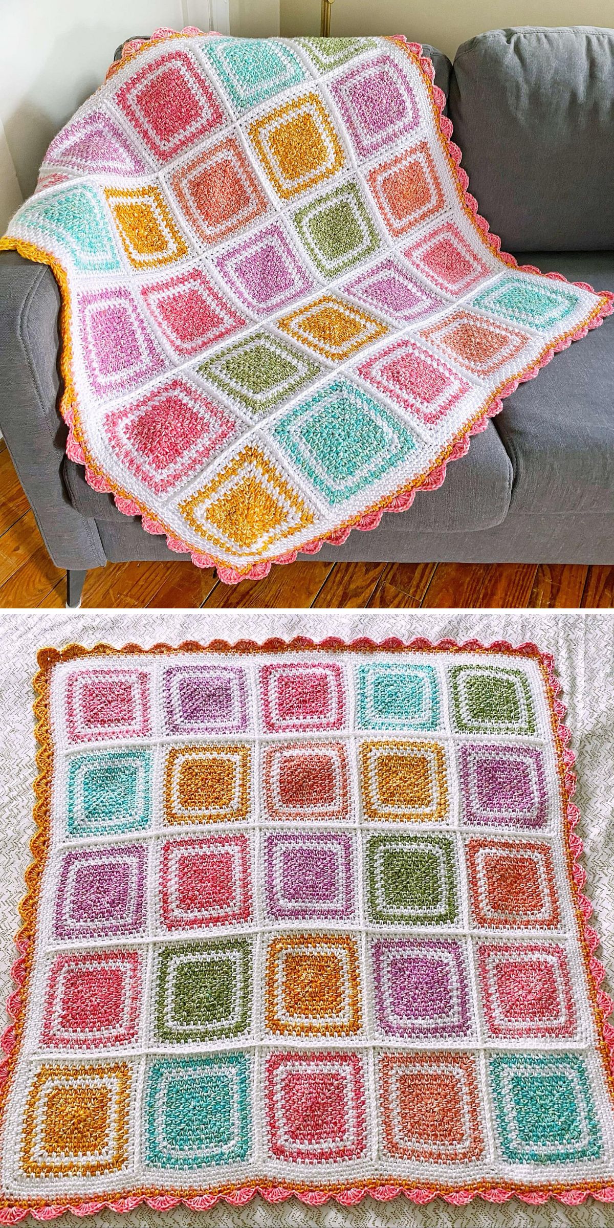 a crochet blanket made from colorful squares adorned with a scalloped border