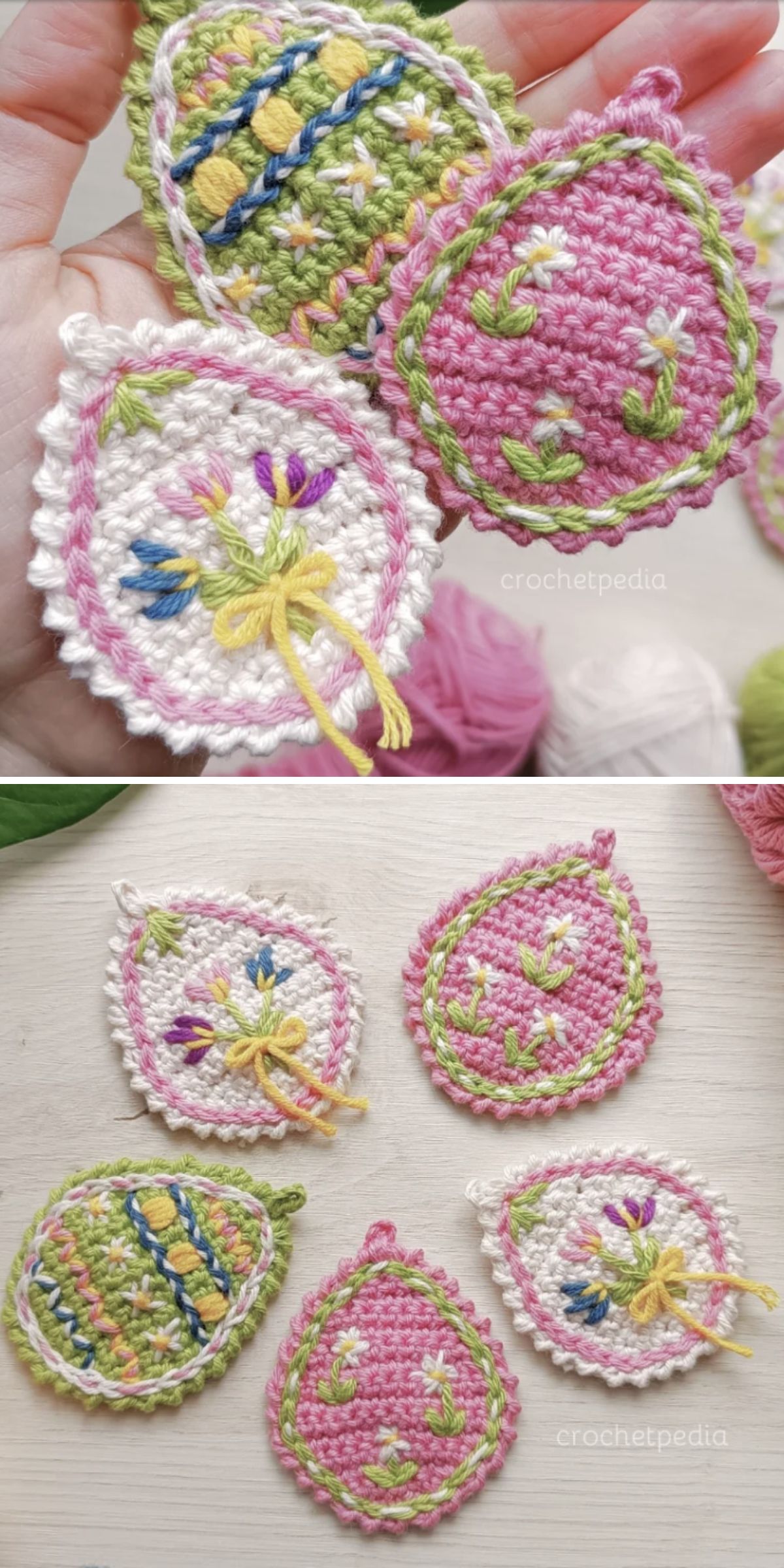 a set of crochet Easter egg appliques with embroidery details
