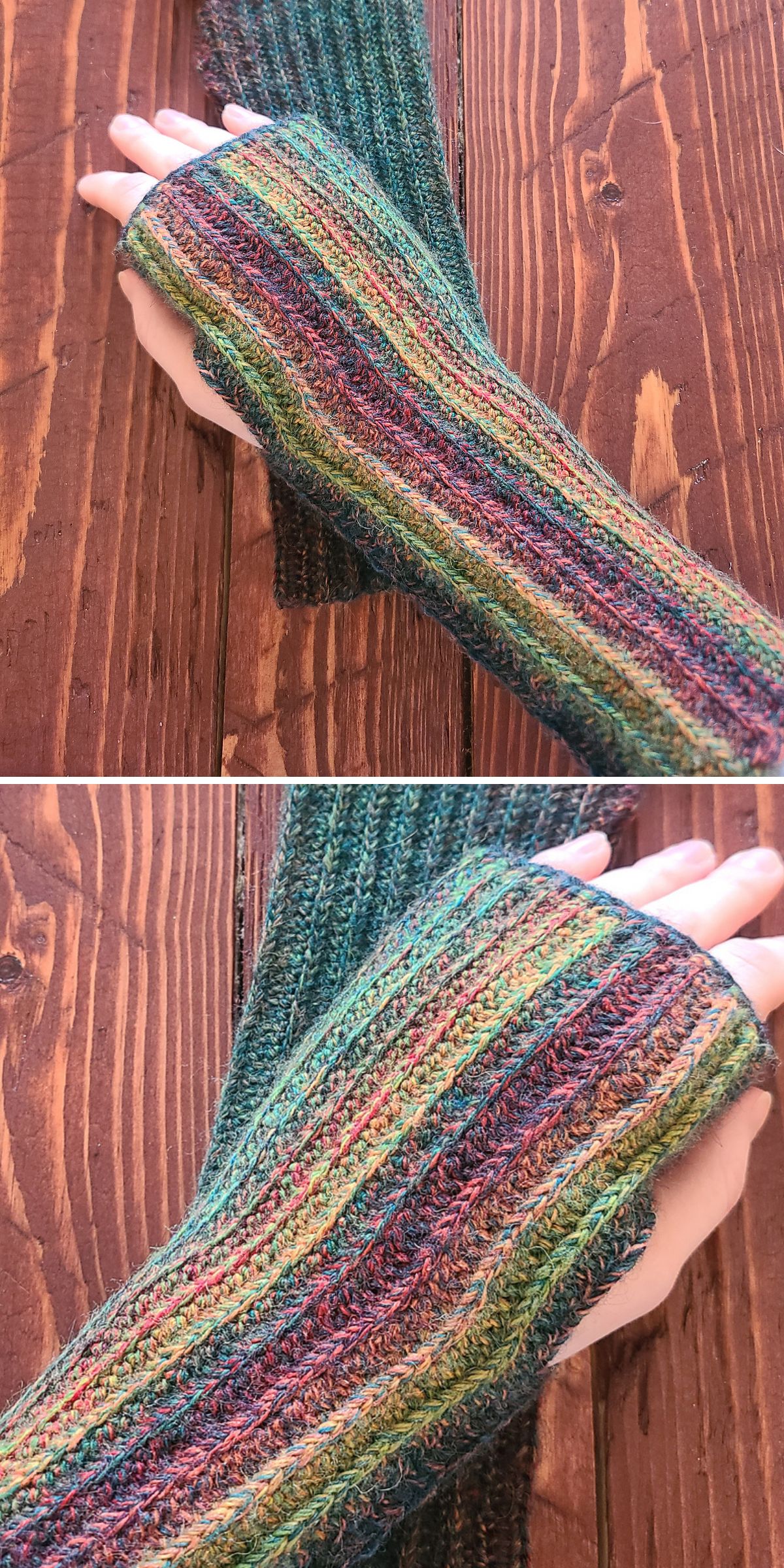 crochet finegless gloves with a ribbed striped design with a gradient color