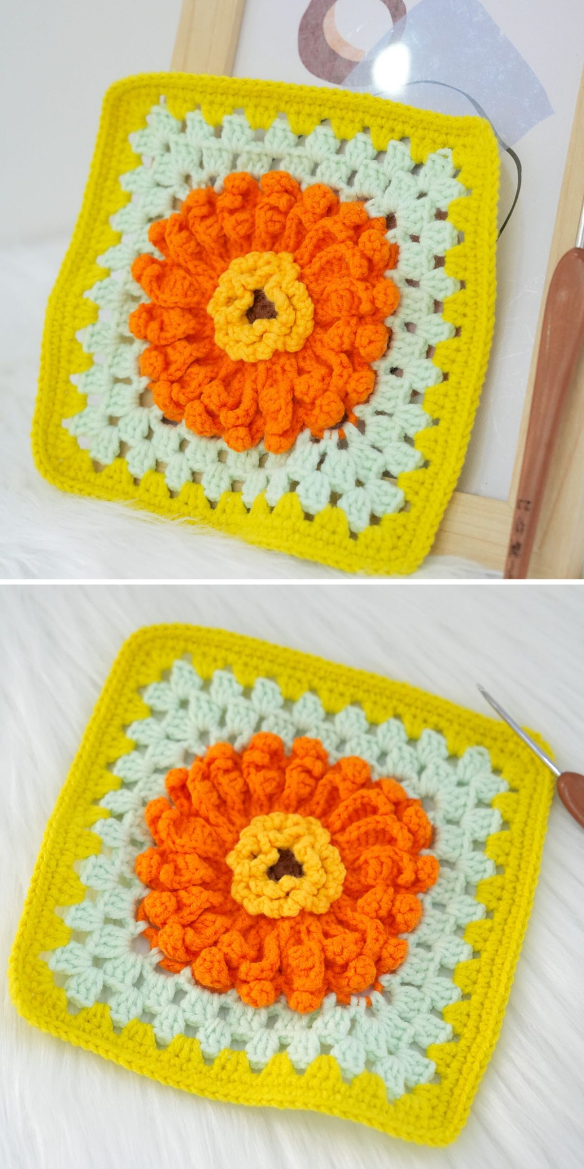 a vibrant crochet granny square with a textured 3D Gerbera daisy flower motif