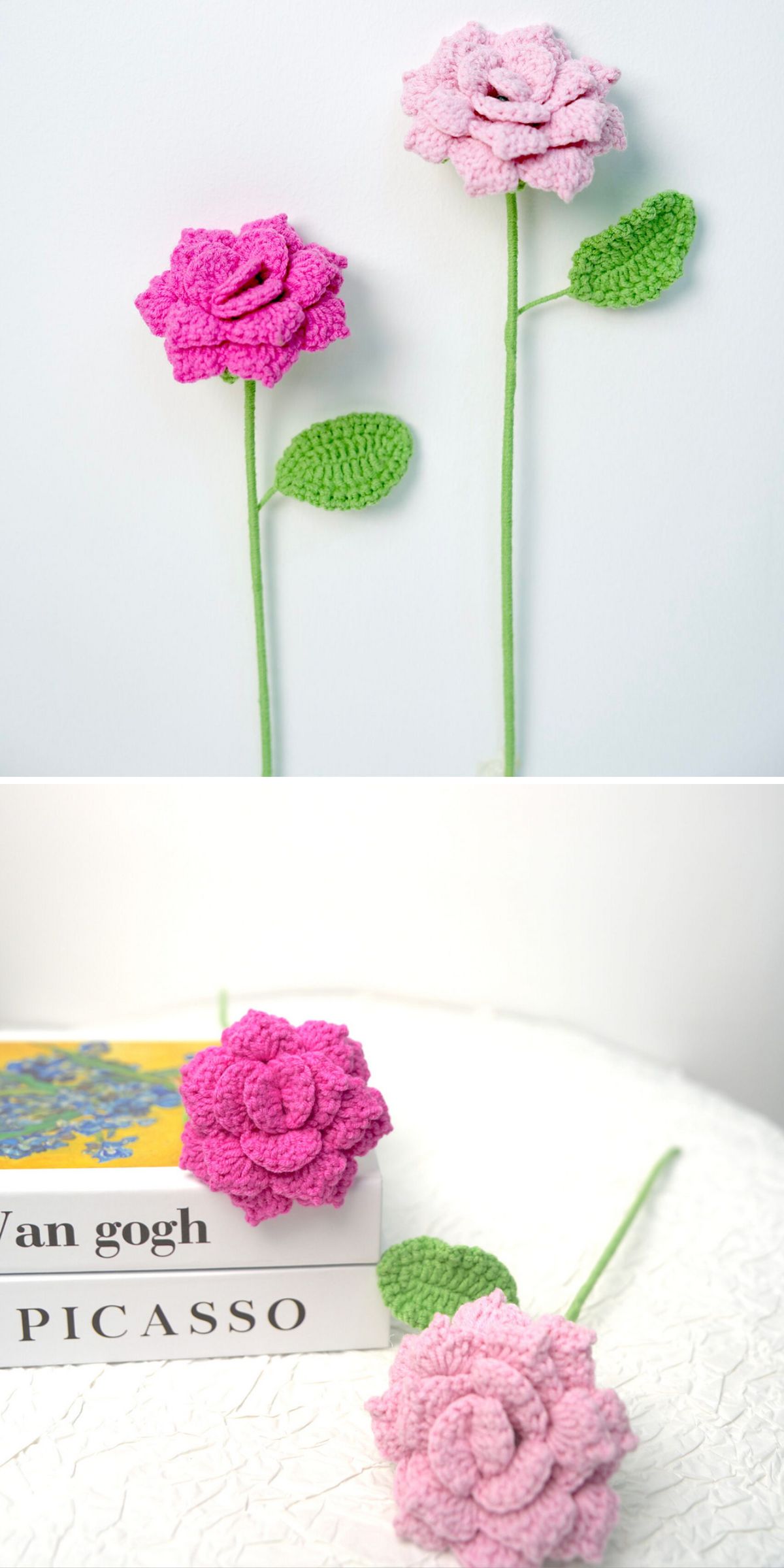 two crochet rose flowers