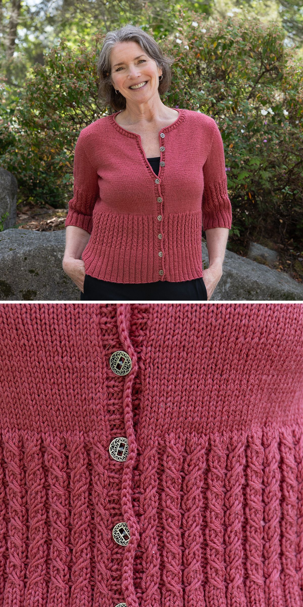 a woman wearing a lightweight cardigan with buttons in a soft red color