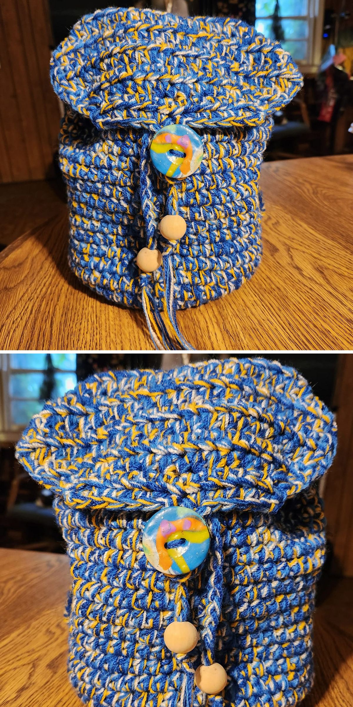 a crocheted backpack with a big button flap closure and two tassel beads