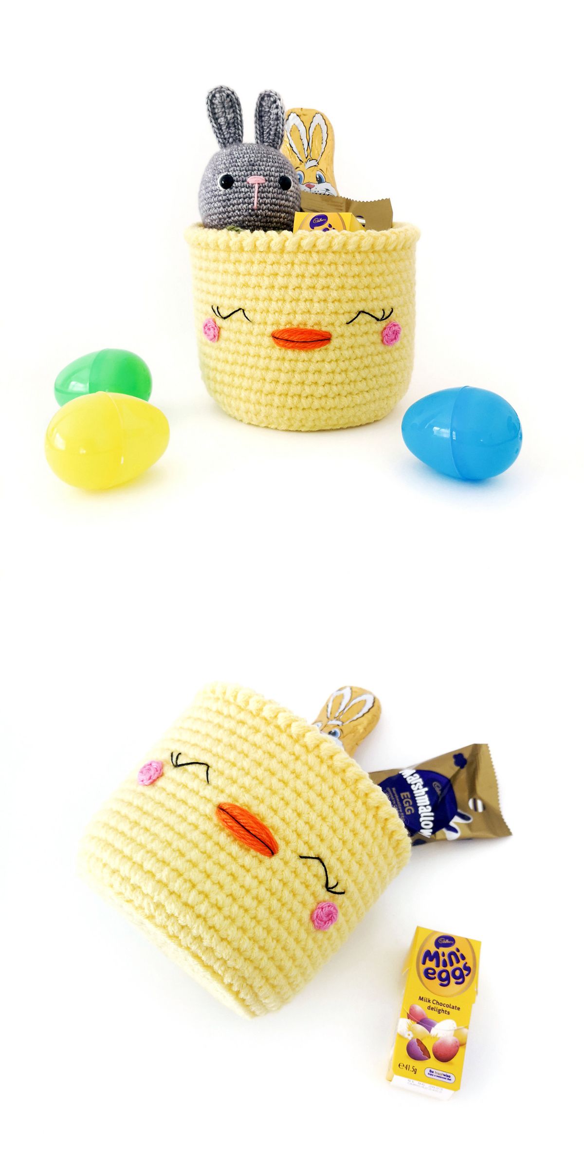 a big yellow basket with Easter gifts inside