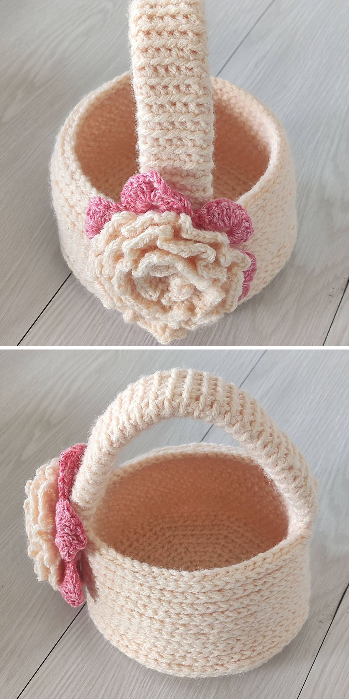a handmade Easter basket with a large rose embellishment
